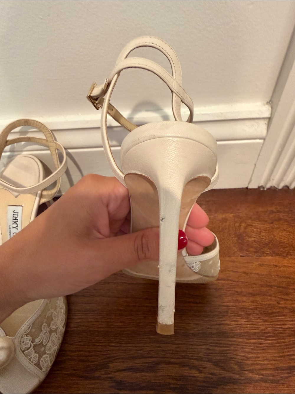 Jimmy Choo Sacora 85 MM Ivory Lace Peep-Toe Ankle Strap Heels with Pearl - Picture 5 of 16